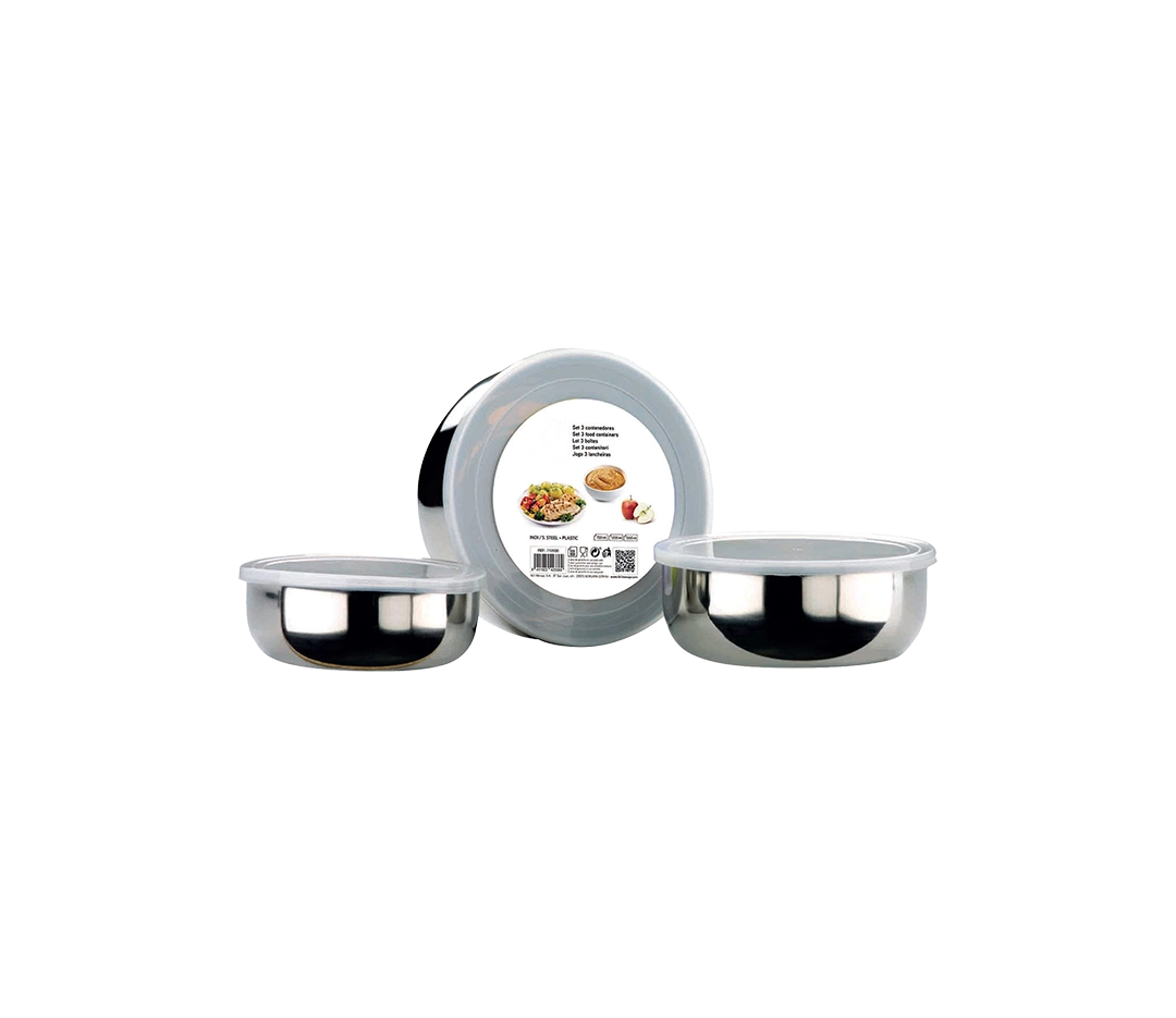 Set 3 boîtes inox de conservation professionnelles avec couvercle plastique